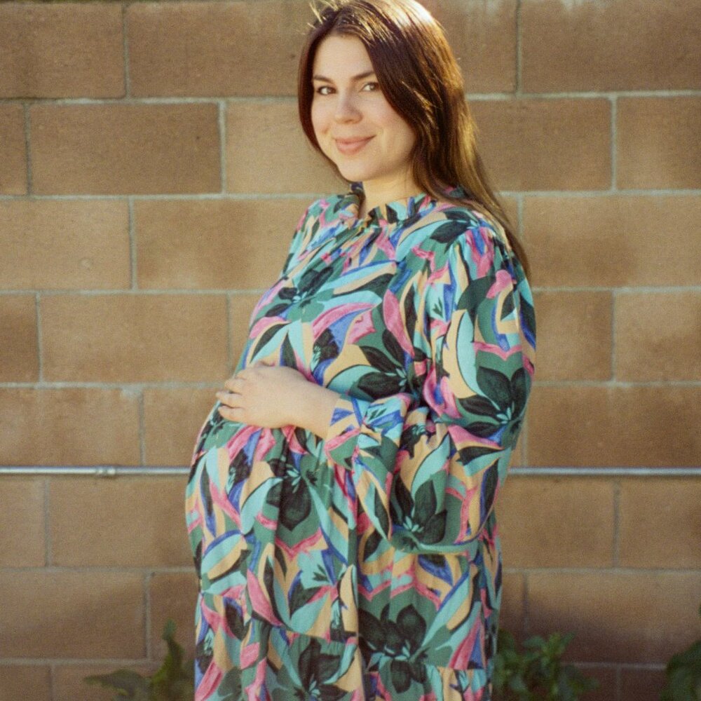 Teal Floral Ruffle Mock Neck Maternity Dress